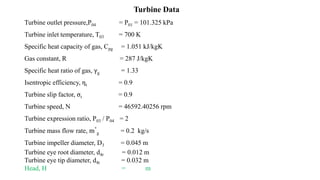 Turbine Data
Turbine outlet pressure,P04 = P01 = 101.325 kPa
Turbine inlet temperature, T03 = 700 K
Specific heat capacity...