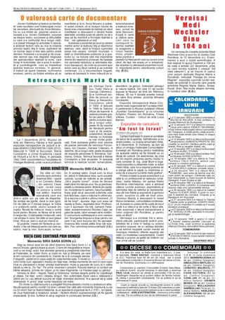 REALITATEA EVREIASCĂ - Nr. 396-397 (1196-1197) - 1 - 31 decembrie 2012                                                                                                                             21



      O valoroasă carte de documentare                                                                                                                       Vernisaj
    „Avram Goldfaden şi teatrul ca identita-
te” este rezultatul unei îndelungate munci
de cercetare, efectuată de Anca Mocanu.
                                                 manifeste şi la ei. Anca Mocanu a arătat,
                                                 în acest context, că la început rolurile de
                                                 femei erau interpretate de bărbaţi iar când
                                                                                                   toria exhaustivă
                                                                                                   a teatrului evre-
                                                                                                   iesc, scrisă de
                                                                                                                                                               Medi
Ea nu s-a limitat să prezinte cariera si-
nuoasă a lui Avram Goldfaden, viziunea
                                                 Goldfaden a descoperit o tânără foarte
                                                 talentată, condiţia pusă de părinţi ca să o
                                                                                                   Israil Bercovici.
                                                                                                   Există în carte                                          Wechsler
sa despre teatru, succesele şi diﬁcultăţile
cu care s-a confruntat de-a lungul vieţii,
ci a plasat întreaga lui activitate în epocă,
                                                 lase să ﬁe membră a formaţiei teatrale a
                                                 fost… să-i găsească un soţ!
                                                     Autoarea a prezentat pe scurt şi cariera
                                                                                                   şi câteva apre-
                                                                                                   cieri care nu
                                                                                                   corespund în-
                                                                                                                                                               Dinu
a analizat factorii care au dus la crearea
primului teatru idiş în lume, explicând de
                                                 marilor actori ai teatrului idiş şi repertoriul
                                                 teatrului care, dacă la început cuprindea
                                                                                                   tocmai realităţii
                                                                                                   (o exagerare a                                           la 104 ani
ce tocmai Iaşiul a fost ales pentru acest        piese mai uşoare, comedii muzicale, o             rolului hasidis-                                       Un vernisaj din creaţiile pictoriţei Medi
demers. Autoarea s-a ocupat şi de izvoa-         dată cu diversiﬁcarea publicului şi a gus-        mului, prezen-                                     Wechsler Dinu a avut loc la Jockey Club
rele istorice sau mai degrabă religioase         turilor lui, va include cele mai importante       tarea pozitivă a                                   România, la 15 decembrie a.c. Eveni-
ale spectacolelor teatrale la evrei, care        drame din repertoriul universal. Nu lipseşte      pieselor lui Alecsandri care au ca eroi evrei      mentul a avut o dublă semniﬁcaţie. A
încep în Antichitate, dar a scos în eviden-      nici perioada războiului şi activitatea tea-      când, de fapt, ele aveau un iz antisemit),         fost realizat în ajunul împlinirii a 104 ani
ţă şi constrângerile care au împiedicat          trului Baraşeum, de unde au provenit apoi         dar acestea nu afectează ansamblul lucră-          de viaţă a artistei (22 decembrie, prilej
apariţia teatrului evreiesc, în general.         actori care au făcut carieră şi pe scenele        rii, importantă pentru valoriﬁcarea culturii       cu care revista noastră îi urează “Ad
A trebuit să apară Haskala, iluminismul          româneşti. Cu o documentare bogată,               idiş. (E.G.)                                       mea veesrim”), şi se înscrie în cadrul
evreiesc, pentru ca forţele artistice să se      cartea se bazează în mare măsură pe is-                                                              unor acţiuni dedicate Reginei Maria a
                                                                                                                                                      României. Intitulată “Peisaje din inima
             Retrospectivă Maria Constantin                                                                                                           Reginei”, expoziţia cuprinde lucrări rea-
                                                                                                                                                      lizate de pictoriţă în locurile care poartă
                                                                       pe George Opre-             abordând, ca genuri, îndeosebi peisajul            amintirile Reginei Maria: Balcic, Sinaia,
                                                                       scu, Tudor Vianu şi         şi natura statică. Din cele 51 de lucrări          Rucăr, Bran. Mai multe despre vernisaj,
                                                                       George Călinescu.           expuse la Muzeul de Artă din Râmnicu               în numărul viitor. (E.G.)
                                                                       Şi-a continuat stu-         Vâlcea, 35 vor ﬁ donate acestei instuţii
                                                                       diile de pictură cu         de către ﬁica artistei, pictoriţa Mihaela
                                                                       Maxy şi Alexandru           Constantin.                                               CALENDARUL
                                                                       Ciucurencu, până                Expoziţia retrospectivă Maria Con-
                                                                       în 1950. A debutat          stantin este organizată de Fundaţia HAR,                     LUNII
                                                                       în 1946 la Salonul          în parteneriat cu Muzeul Judeţean Vâlcea
                                                                       oﬁcial de toamnă. A         „Aurelian Sacedoţeanu” şi cu Uniunea                       IANUARIE
                                                                       realizat primele gra-       Artiştilor Plastici din România, Filiala                             ANIVERSĂRI
                                                                       ﬁci de carte în 1945,
                                                                       pentru a ilustra apoi,
                                                                       de-a lungul vieţii,
                                                                                                   Vâlcea. Curator - criticul de artă Luiza
                                                                                                   Barcan.                                             •  La 12 ianuarie 1850 s-a născut orientalistul
                                                                                                                                                          WILHELM BACHER. A fost profesor la
                                                                                                                                                       Şcoala Rabinică din Budapesta.
                                                                                                       Expoziţie de caricatură
                                                                       peste 30 de volume
                                                                       de literatură pentru         “Am fost în Israel“
                                                                                                                                                       •  La 12 ianuarie 1917 s-a născut în comuna
                                                                                                                                                          Ceica prim-rabinul ERNEST NEUMANN.
                                                                                                                                                       A fost vreme îndelungată rabinul comunităţii
                                                                       copii şi de poezie,                                                             din Timişoara, a militat pentru relaţii ecume-
                                                                                                   (Urmare din pagina 10)
                                                                       colaborând, de ase-                                                             nice între toate etniile care trăiesc în oraşul
                                                                       menea, cu ilustraţie             Cartea împlineşte în acest an jumătate         de pe Bega.
    La 1 decembrie 2012, Muzeul de
Artă din Râmnicu Vâlcea a fost gazda
                                                                       la mai multe publi-
                                                 caţii. Este autoarea graﬁcii unor volume
                                                                                                   de secol de la apariţie. Sărbătoresc şi eu
                                                                                                   acest jubileu, cu ocazia aniversării mele,          •  La 12 ianuarie 1925 s-a născut la Bucureşti
                                                                                                                                                          compozitorul LAURENŢIU PROFETA. Din
                                                                                                                                                       creaţiile lui amintim Cântece pentru copii şi
expoziţiei retrospective de pictură a ar-        de poezie semnate de Veronica Porum-              la 6 decembrie. În încheiere, aş dori să
                                                                                                   aduc un omagiu Federaţiei Comunităţilor             tineret, Prinţ şi cerşetor (balet), etc.
tistei MARIA CONSTANTIN (1926-2012).             bacu, Ion Caraion, Daniela Crăsnaru. A
Născută în 1926 la Bucureşti, Maria              deschis, de-a lungul vieţii, peste douăzeci       Evreieşti din România pentru hotărârea
                                                                                                   ca această clădire să ﬁe folosită ca un
                                                                                                                                                       •  La 12 ianuarie 1937 s-a născut la Bucureşti
                                                                                                                                                          scriitorul AUREL STORIN.
Constantin a urmat Academia Liberă
de Pictură a lui M.H. Maxy, în perioada
                                                 de expoziţii personale în România, Ger-
                                                 mania, Grecia. Tehnica favorită a Mariei          lăcaş de cultură. De asemenea, aş vrea              •  La 16 ianuarie 1933 s-a născut la New York
                                                                                                                                                          scriitoarea SUSAN SONTAG.
1942-1944, concomitent cu Facultatea de
Filologie Modernă, unde i-a avut profesori
                                                 Constantin a fost acuarela. În această
                                                 tehnică a realizat lucrări remarcabile,
                                                                                                   să îmi exprim preţuirea pentru modul în
                                                                                                   care consilier dr. ing. José Blum a orga-           •  La 19 ianuarie 1861 s-a născut la Triest
                                                                                                                                                          scriitorul ITALO SVEVO, autorul unor
                                                                                                                                                       romane cu conţinut psihologic.
                                                                                                   nizat expoziţia cu desenele mele, şi soţiei
                          HARUL BUNĂTĂŢII Memento BIBI CAJAL z.l.                                  mele Hilda, care mi-a inspirat puterea de
                                                                                                   a merge până la capăt cu împlinirea vi-
                                                                                                                                                       •  La 20 ianuarie 1857 s-a născut la Londra
                                                                                                                                                          LUCIEN WOLF, politician, jurnalist, istoric.
                          De câte ori ridic
                      privirile spre portretul
                                                 lor, în acelaşi salon. După cum, la locul
                                                 lor, adică în biblioteca mea, sunt ursuleţii
                                                                                                   sului de a expune lucrările mele graﬁce”.
                                                                                                        Printre invitaţii la acest eveniment s-a
                                                                                                                                                       •  La 24 ianuarie 1941 s-a născut NEIL
                                                                                                                                                          DIAMOND, care avea să devină unul din
                                                                                                                                                       marii autori de songuri. Cântecele sale au
                      doamnei Bibi – operă       coloraţi, lucraţi de mâinile ei de artistă.       aﬂat şi un profesionist al radioului româ-          fost interpretate cu mare succes de Barbra
                      a lui Corneliu Baba        „Să-ţi poarte noroc!”, zicea de ﬁecare            nesc, Ioana Niţescu, din partea Radio               Streisand, Frank Sinatra şi alţii.
                      - din salonul Casei
                      Cajal, revăd ceea
                                                 dată când îmi dăruia unul. Nu-şi pierduse,
                                                 odată cu trecerea anilor, fărâma de copilă-
                                                                                                   România Internaţional, care a adresat
                                                                                                   câteva cuvinte autorului, exprimându-şi
                                                                                                                                                       •  La 25 ianuarie 1881 s-a născut la Breslau
                                                                                                                                                          scriitorul EMIL LUDWIG. În romanele sale
                                                                                                                                                       descrie viaţa unor personalităţi istorice.
                      ce pictorul a simţit
                      mai adânc: doamna
                                                 rie, încrederea în oameni, harul bunătăţii.
                                                 Avea grijă să-şi ascundă suferinţa unei
                                                                                                   admiraţia faţă de talentul şi reprezenta-
                                                                                                   rea cât mai ﬁdelă şi expresivă a spiritului         •  La 26 ianuarie 1900 s-a născut la Calafat
                                                                                                                                                          actorul ELIESER SEMO. A jucat cu suc-
                                                                                                                                                       ces în teatrele din Cernăuţi, Chişinău şi la
                      adevărată care era         boli fără leac, care-o măcina în ultimii ani.     uman, surprins cu atât de mult umor.
dintr-o spiţă, azi, pe cale de dispariţie.       Şi-a ascuns-o până-n ultimul moment. „O           “Domnul Mandy a descoperit în Israel                Baraşeum din Bucureşti.
Se simţea ea jignită, dacă tu erai jignit.
Ori de câte ori îi treceai pragul, te îmbia
                                                 să ﬁe bine!”, spunea. Aşa cum avea să
                                                 repete şi Bubu, regretatul dom’ Profesor,
                                                                                                   ﬁlonul românesc, comunitatea româneas-
                                                                                                   că. Aceasta nu putea să ﬁe ruptă de locul
                                                                                                                                                       •  La 27 ianuarie1824 s-a născut în Olanda
                                                                                                                                                          marele pictor şi graﬁcian JOSEPH ISRA-
                                                                                                                                                       ELS. Un loc important în creaţia sa îl ocupă
c-o prăjitură caldă, atunci scoasă din           cum îi spuneam noi toţi, oamenii Fede-            unde s-a născut şi de unde a făcut alia.            tematica evreiască.
cuptor, făcută de mâna ei. Avea o vorbă
bună pentru ﬁecare, te făcea să te simţi
                                                 raţiei, academicianului Nicolae Cajal, pe
                                                 patul de spital, când veneam să le vizităm.
                                                                                                   Este surprinsă o latură extraordinară a
                                                                                                   celor originari din România, şi pentru              •  La 27 ianuarie 1928 s-a născut la Bucureşti
                                                                                                                                                          dr. SERGIU LEVIN, specialist în imunolo-
                                                                                                                                                       gie şi epidemiologie.
în largul tău. O delicateţe înnăscută, care      O comuniune suﬂetească a unor oameni              asta vă felicit”.
                                                                                                                                                                               *
i se simţea în voce. De câte ori aud glasul      rari. Scurgerea timpului e doar pentru cei             Vernisajul s-a încheiat într-o atmo-
Irinei, ﬁica sa, parc-o aud pe mama ei.
    Şi jucăriile, create din fantezie şi can-
                                                 care n-au avut bucuria să-i ﬁe aproape.
                                                 Doamna Bibi există atâta timp cât exis-
                                                                                                   sferă plăcută, participanţii având posi-
                                                                                                   bilitatea de a intra în dialog cu autorul
                                                                                                                                                       •  La 13 ianuarie 1898 a apărut în ziarul
                                                                                                                                                          „L’Aurore” celebrul pamﬂet “J’accuse“ al
                                                                                                                                                       lui Emile Zola, unde scriitorul ia apărarea
doare, o fac să trăiască pentru cei care-au      tăm. Fie-i amintirea binecuvântată! (I.D.)        lucrărilor expuse, de a-i adresa felicitări         oﬁţerului Dreyfus, denunţând farsa judiciară.
iubit-o, mari şi mici. Sunt acolo, la locul                                                        şi să admire reuşitele lucrări menite să                            COMEMORĂRI
                                                                                                   ironizeze metaforic diferite aspecte ale
         VIAŢA CARE CONTINUĂ PRIN URMAŞI                                                           vieţii. Cu modestia-i caracteristică, Costin
                                                                                                   Mandy a promis că astfel de întâlniri vor
                                                                                                                                                       •La 12 în România. Aapus bazele medicinii
                                                                                                                                                               ianuarie 1897 murit la Iaşi medicul
                                                                                                                                                         ŞTEFAN STÂNCĂ.
                                                                                                                                                       sociale
             Memento SIRA SARA SORIN z.l.                                                          mai urma cât de curând.                                                      SIEGFRIED WOLF
    Deşi au trecut zece ani de când doamna Sira Sara Sorin z.l. a
trecut Dincolo, gândul doare şi acum. O simt din fotograﬁile ei împre-
ună cu cei dragi: soţul, fost secretar general şi preşedinte interimar
                                                                                                                DECESE                            COMEMORĂRI
al Federaţiei, av. Iulian Sorin, şi copiii lor, Iusi şi Mihaela, pe care                                S-a stins din viaţă, la ﬁnele lunii noiembrie a.c., o poe-        Înhumaţi în cimitirele
                                                                                                   tă talentată, TANIA SAICIUC, membră a Salonului literar            C.E.B. în luna noiembrie
le-am cunoscut din povestirile ei, înainte de a le cunoaşte aievea.                                al JCC. Împlinise doar 60 de ani de viaţă, dar o boală             2012: SEINBERG SONIA (88
Fotograﬁi - peste tot în casa-viaţă din viaţa familiei sale. O revăd cu                            necruţătoare a doborât-o. A lucrat la Muzeul de Istorie a Evre-    de ani, Cimitirul Giurgiului);
ochii minţii cum, aşezată-n fotoliul din faţa mea, retrăia momente din anii în care copiii         ilor din România. Dumnezeu s-o odihnească.                         AMZULESCU MATILDA (93
încă nu plecaseră-n Israel: emoţia examenelor, truda şi pauzele de lucru la o cafea                                                                                   de ani, Cimitirul Giurgiului);
băută cu ele la „Tic-Tac”. Pe urmă, revenea-n prezent. Aducea teancul cu scrisori pe                   Conducerea şi membrii Comunităţii Evreilor Satu-Mare,          LEIBOVICI MAURICIU (77
hârtie albastră, primite din Ulpan, şi-mi citea fragmente. Le însoţea paşii cu gândul.             cu adâncă durere, anunţă trecerea în eternitate a doamnei          de ani, Cimitirul Giurgiului);
    Veneau la rând – nepoţii, Radu şi Siramona. Vorbea despre şotiile lor copilăreşti              PAUL LILIA, decanul de vârstă al comunităţii (100 de ani).         COHN VICTORIA (83 de
şi râdea. De fapt, ochii-i râdeau singuri. Nici suferinţele ﬁzice care-o slăbiseră-n               Deplângem dispariţia sa şi suntem alături de familia îndolia-      ani, Cimitirul Giurgiului);
ultimii ani nu i-au alterat bucuria de viaţă, tinereţea lăuntrică. N-a apucat să-şi vadă           tă, căreia îi prezentăm condoleanţe. Fie ca suﬂetul ei să se       COHN JAK (81 de ani, Ci-
strănepoţii. A „prins” doar nunta nepotului cel mare.                                              odihnească în pace.                                                mitirul Sefard); DRIMER
                                                                                                                                                                      MOSES (86 de ani, Cimitirul
     Ţin minte cu câtă bucurie s-a pregătit! Rochia albastru-închis cu arabescuri albe,                 Copiii şi nepoţii anunţă cu nemărginită durere în suﬂet       Giurgiului); MOLLAZADEH
făcută special pentru nuntă! Ce bine-i venea! Dar câte alte momente împreună cu ea                  trecerea în neﬁinţă la data de 15 Kislev (29 noiembrie) a celei   HABIBOLLAH (74 de ani, Ci-
nu-mi revin! Seri la Teatrul Naţional, la un spectacol organizat de A.C.P.R.I.; la Operă,           care ne-a fost mamă şi bunică iubitoare şi de o mare bunătate     mitirul Sefard); VASILESCU
de Ziua Naţională a Israelului; acasă – făcând eforturi supraomeneşti să ﬁe gazdă                   suﬂetească – ADELA ROTENSTEIN – membră a comunităţii              ALEXANDRINA (90 de ani,
impecabilă. Şi era. Suﬂetul ei să-şi vegheze în continuare familia! (I.D.)                          din Iaşi. Fie ca suﬂetul ei bun să se odihnească în pace!         Cimitirul Giurgiului)
 