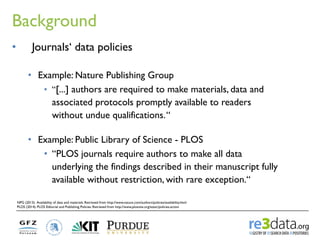Background
NPG (2013). Availability of data and materials. Retrieved from http://www.nature.com/authors/policies/availabil...