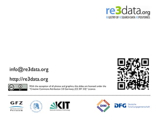 info@re3data.org
http://re3data.org
         With the exception of all photos and graphics, this slides are licensed under...