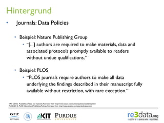 Hintergrund
NPG (2013). Availability of data and materials. Retrieved from http://www.nature.com/authors/policies/availabi...