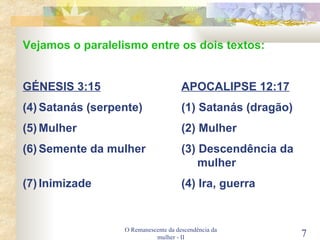 O Remanescente da descendência da mulher - II Vejamos o paralelismo entre os dois textos: GÉNESIS 3:15 APOCALIPSE 12:17 Satanás (serpente) (1) Satanás (dragão) Mulher (2) Mulher Semente da mulher (3) Descendência da    mulher Inimizade (4) Ira, guerra 