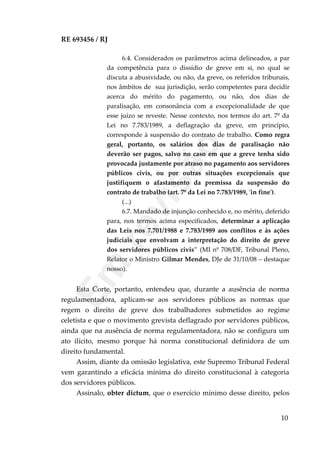 RE 693456 / RJ
6.4. Considerados os parâmetros acima delineados, a par
da competência para o dissídio de greve em si, no qual se
discuta a abusividade, ou não, da greve, os referidos tribunais,
nos âmbitos de sua jurisdição, serão competentes para decidir
acerca do mérito do pagamento, ou não, dos dias de
paralisação, em consonância com a excepcionalidade de que
esse juízo se reveste. Nesse contexto, nos termos do art. 7º da
Lei no 7.783/1989, a deflagração da greve, em princípio,
corresponde à suspensão do contrato de trabalho. Como regra
geral, portanto, os salários dos dias de paralisação não
deverão ser pagos, salvo no caso em que a greve tenha sido
provocada justamente por atraso no pagamento aos servidores
públicos civis, ou por outras situações excepcionais que
justifiquem o afastamento da premissa da suspensão do
contrato de trabalho (art. 7º da Lei no 7.783/1989, 'in fine').
(...)
6.7. Mandado de injunção conhecido e, no mérito, deferido
para, nos termos acima especificados, determinar a aplicação
das Leis nos 7.701/1988 e 7.783/1989 aos conflitos e às ações
judiciais que envolvam a interpretação do direito de greve
dos servidores públicos civis” (MI nº 708/DF, Tribunal Pleno,
Relator o Ministro Gilmar Mendes, DJe de 31/10/08 – destaque
nosso).
Esta Corte, portanto, entendeu que, durante a ausência de norma
regulamentadora, aplicam-se aos servidores públicos as normas que
regem o direito de greve dos trabalhadores submetidos ao regime
celetista e que o movimento grevista deflagrado por servidores públicos,
ainda que na ausência de norma regulamentadora, não se configura um
ato ilícito, mesmo porque há norma constitucional definidora de um
direito fundamental.
Assim, diante da omissão legislativa, este Supremo Tribunal Federal
vem garantindo a eficácia mínima do direito constitucional à categoria
dos servidores públicos.
Assinalo, obter dictum, que o exercício mínimo desse direito, pelos
10
Em
revisão
 