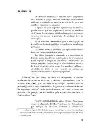 RE 693456 / RJ
Os tribunais mencionados também serão competentes
para apreciar e julgar medidas cautelares eventualmente
incidentes relacionadas ao exercício do direito de greve dos
servidores públicos civis, tais como:
i) aquelas nas quais se postule a preservação do objeto da
querela judicial, qual seja, o percentual mínimo de servidores
públicos que deve continuar trabalhando durante o movimento
paredista, ou mesmo a proibição de qualquer tipo de
paralisação;
ii) os interditos possessórios para a desocupação de
dependências dos órgãos públicos eventualmente tomados por
grevistas; e
iii) demais medidas cautelares que apresentem conexão
direta com o dissídio coletivo de greve.
Em última instância, a adequação e a necessidade da
definição dessas questões de organização e de procedimento
dizem respeito à fixação de competência constitucional de
modo a assegurar, a um só tempo, a possibilidade de exercício
do direito constitucional de greve dos servidores públicos e,
sobretudo, os limites a esse exercício no contexto de
continuidade na prestação dos serviços públicos.”
Ademais, no que tange ao risco de atingimento a direitos
fundamentais de outros cidadãos, confira-se o contundente voto do
Ministro Eros Grau, que, em sede de reclamação, entendeu não ser
possível garantir o exercício do direito de greve aos profissionais da área
da segurança pública5
, mais especificamente, no caso concreto, aos
policiais civis, posição que foi acolhida pela maioria dos membros do
Plenário desta Corte:
“O SENHOR MINISTRO Eros Grau (Relator): No voto que
proferi no julgamento do MI n. 712, de que fui relator, afirmei
que ‘serviços ou atividades essenciais’ e ‘necessidades
5 Aliás, na Espanha há vedação expressa ao exercício a greve por membros das forças
armadas (art. 181 da Lei 85/1978), como no Brasil, e dos corpos de segurança (Art. 6.8. da Lei
Orgânica 2/1986).
14
Em
revisão
 