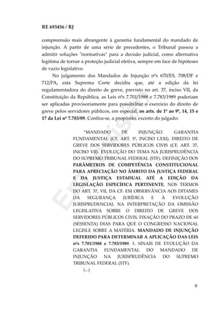 RE 693456 / RJ
compreensão mais abrangente à garantia fundamental do mandado de
injunção. A partir de uma série de precedentes, o Tribunal passou a
admitir soluções "normativas" para a decisão judicial, como alternativa
legítima de tornar a proteção judicial efetiva, sempre em face de hipóteses
de vazio legislativo.
No julgamento dos Mandados de Injunção nºs 670/ES, 708/DF e
712/PA, esta Suprema Corte decidiu que, até a edição da lei
regulamentadora do direito de greve, previsto no art. 37, inciso VII, da
Constituição da República, as Leis nºs 7.701/1988 e 7.783/1989 poderiam
ser aplicadas provisoriamente para possibilitar o exercício do direito de
greve pelos servidores públicos, em especial, os arts. de 1º ao 9º, 14, 15 e
17 da Lei nº 7.783/89. Confira-se, a propósito, excerto do julgado:
“MANDADO DE INJUNÇÃO. GARANTIA
FUNDAMENTAL (CF, ART. 5º, INCISO LXXI). DIREITO DE
GREVE DOS SERVIDORES PÚBLICOS CIVIS (CF, ART. 37,
INCISO VII). EVOLUÇÃO DO TEMA NA JURISPRUDÊNCIA
DO SUPREMO TRIBUNAL FEDERAL (STF). DEFINIÇÃO DOS
PARÂMETROS DE COMPETÊNCIA CONSTITUCIONAL
PARA APRECIAÇÃO NO ÂMBITO DA JUSTIÇA FEDERAL
E DA JUSTIÇA ESTADUAL ATÉ A EDIÇÃO DA
LEGISLAÇÃO ESPECÍFICA PERTINENTE, NOS TERMOS
DO ART. 37, VII, DA CF. EM OBSERVÂNCIA AOS DITAMES
DA SEGURANÇA JURÍDICA E À EVOLUÇÃO
JURISPRUDENCIAL NA INTERPRETAÇÃO DA OMISSÃO
LEGISLATIVA SOBRE O DIREITO DE GREVE DOS
SERVIDORES PÚBLICOS CIVIS, FIXAÇÃO DO PRAZO DE 60
(SESSENTA) DIAS PARA QUE O CONGRESSO NACIONAL
LEGISLE SOBRE A MATÉRIA. MANDADO DE INJUNÇÃO
DEFERIDO PARA DETERMINAR A APLICAÇÃO DAS LEIS
nºs 7.701/1988 e 7.783/1989. 1. SINAIS DE EVOLUÇÃO DA
GARANTIA FUNDAMENTAL DO MANDADO DE
INJUNÇÃO NA JURISPRUDÊNCIA DO SUPREMO
TRIBUNAL FEDERAL (STF).
(...)
9
Em
revisão
 
