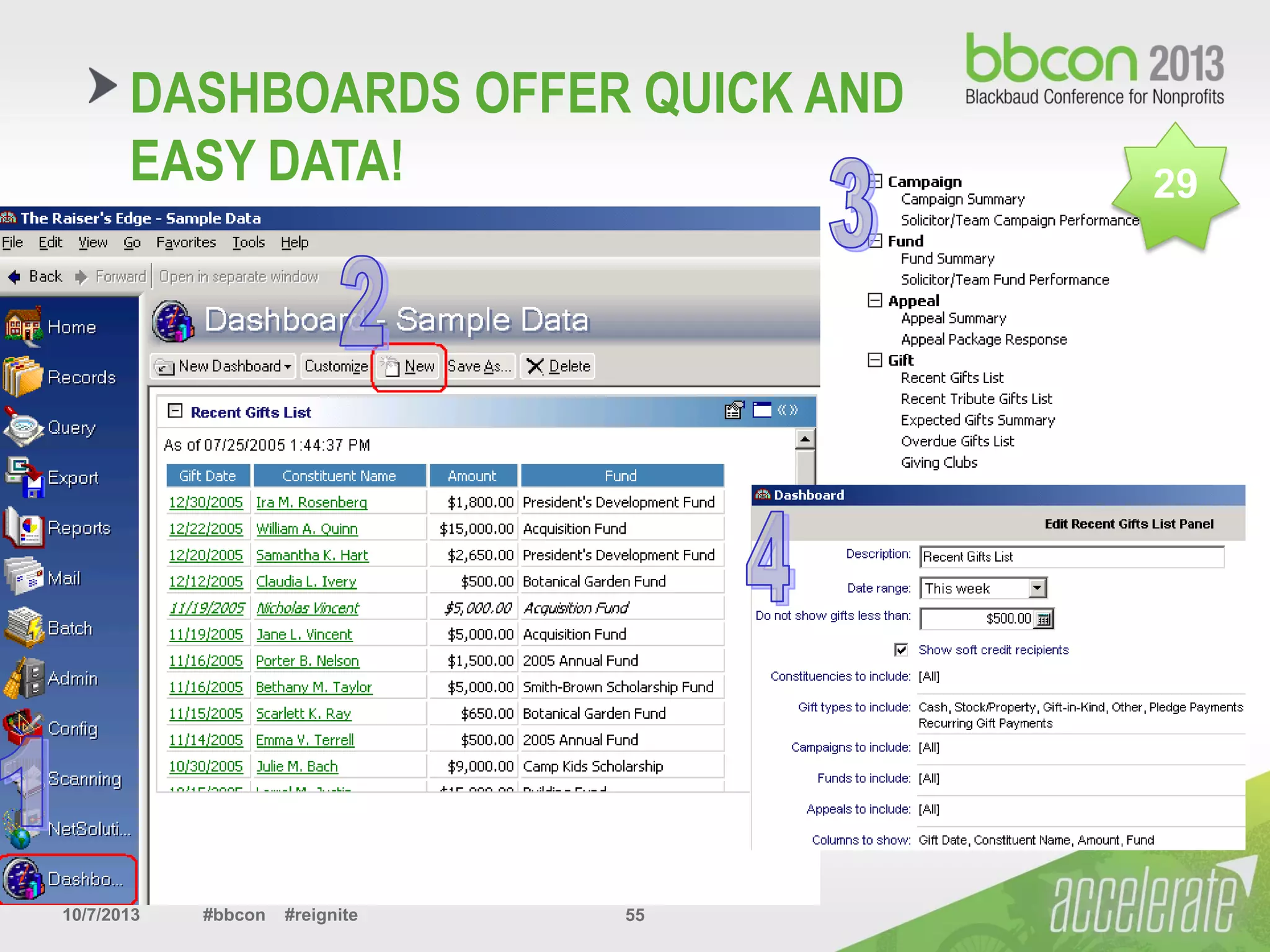 10/7/2013 #bbcon #reignite 55
DASHBOARDS OFFER QUICK AND
EASY DATA! 29
 