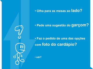 • Olha para as mesas ao lado?
• Pede uma sugestão do garçom?
• Faz o pedido de uma das opções
com foto do cardápio?
• ndr?
 