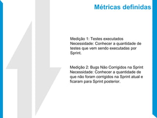 Métricas definidas
Medição 2: Bugs Não Corrigidos na Sprint
Necessidade: Conhecer a quantidade de
que não foram corrigidos na Sprint atual e
ficaram para Sprint posterior.
Medição 1: Testes executados
Necessidade: Conhecer a quantidade de
testes que vem sendo executadas por
Sprint.
 