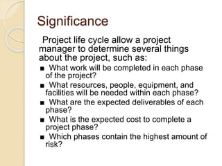 Significance
Project life cycle allow a project
manager to determine several things
about the project, such as:
■ What work will be completed in each phase
of the project?
■ What resources, people, equipment, and
facilities will be needed within each phase?
■ What are the expected deliverables of each
phase?
■ What is the expected cost to complete a
project phase?
■ Which phases contain the highest amount of
risk?
 
