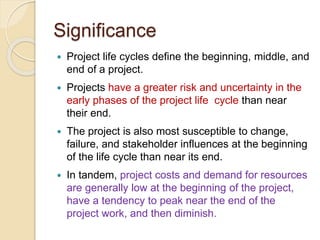 Significance
 Project life cycles define the beginning, middle, and
end of a project.
 Projects have a greater risk and uncertainty in the
early phases of the project life cycle than near
their end.
 The project is also most susceptible to change,
failure, and stakeholder influences at the beginning
of the life cycle than near its end.
 In tandem, project costs and demand for resources
are generally low at the beginning of the project,
have a tendency to peak near the end of the
project work, and then diminish.
 