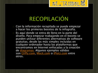 RECOPILACIÓN 
 Con la información recopilada se puede empezar 
a hacer los primeros bocetos de la infografía. 
 Es aquí donde se entra de lleno en la parte del 
diseño. Para empezar trabajando en el boceto se 
pueden utilizar diferentes alternativas de software 
gratuitas, desde las más simples incluidas en 
cualquier ordenador hasta las plataformas que 
encontramos en Internet enfocadas a la creación 
de diagramas. Algunos ejemplos válidos 
son Gliffy.com, Mock.com o iPlotz.com entre 
otros. 
 