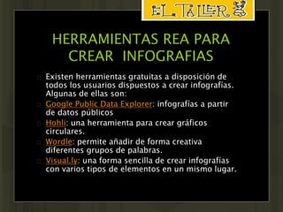 HERRAMIENTAS REA PARA 
CREAR INFOGRAFIAS 
 Existen herramientas gratuitas a disposición de 
todos los usuarios dispuestos a crear infografías. 
Algunas de ellas son: 
 Google Public Data Explorer: infografías a partir 
de datos públicos 
 Hohli: una herramienta para crear gráficos 
circulares. 
 Wordle: permite añadir de forma creativa 
diferentes grupos de palabras. 
 Visual.ly: una forma sencilla de crear infografías 
con varios tipos de elementos en un mismo lugar. 
 