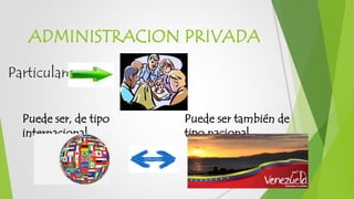 ADMINISTRACION PRIVADA
Puede ser, de tipo
internacional
Puede ser también de
tipo nacional
Particulares
 