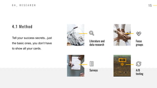 1 5
0 4 _ R E S E A R C H
4.1 Method
Tell your success secrets...just
the basic ones, you don’t have
to show all your cards.
Literature and
data research
Focus
groups
Surveys A/B
testing
 
