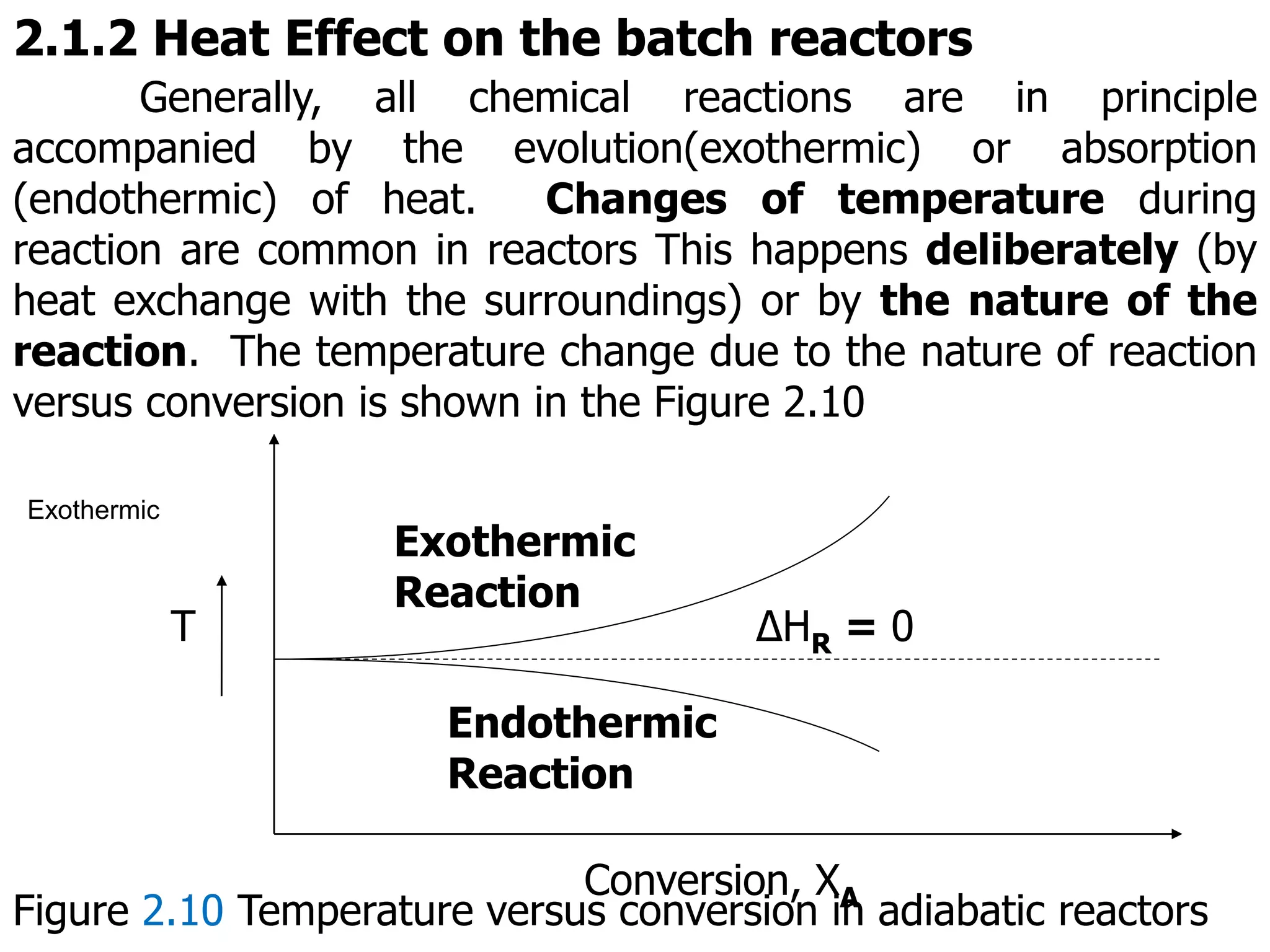 2.1.2 Heat Effect on the batch reactors
Generally, all chemical reactions are in principle
accompanied by the evolution(exothermic) or absorption
(endothermic) of heat. Changes of temperature during
reaction are common in reactors This happens deliberately (by
heat exchange with the surroundings) or by the nature of the
reaction. The temperature change due to the nature of reaction
versus conversion is shown in the Figure 2.10
∆HR = 0
T
Conversion, XA
Exothermic
Reaction
Endothermic
Reaction
Exothermic
Figure 2.10 Temperature versus conversion in adiabatic reactors
 