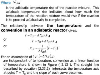 ad
T

is the adiabatic temperature rise of the reaction mixture. This
adiabatic temperature rise indicates about how much the
temperature of the reaction mixture would rise if the reaction
is to proceed adiabatically to completion.
Where
The relationship between the temperature and the
conversion in an adiabatic reactor gives.
A
X
ad
T
T
T 

 0
A
X
ad
T
T
T 

 0
or
 
0
1
T
T
ad
T
A
X 


or
For an assumption of   
,
, R
H
P
C 

are independent of temperature, conversion as a linear function
of temperature is shown in Figure ( 2.13 ). The straight line
described by equation (2.33.2) intersects the temperature axis
at point T = T0 and the slope of such curve becomes.
 