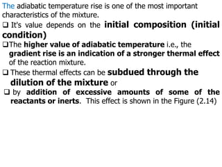 The adiabatic temperature rise is one of the most important
characteristics of the mixture.
 It's value depends on the initial composition (initial
condition)
The higher value of adiabatic temperature i.e., the
gradient rise is an indication of a stronger thermal effect
of the reaction mixture.
 These thermal effects can be subdued through the
dilution of the mixture or
 by addition of excessive amounts of some of the
reactants or inerts. This effect is shown in the Figure (2.14)
 