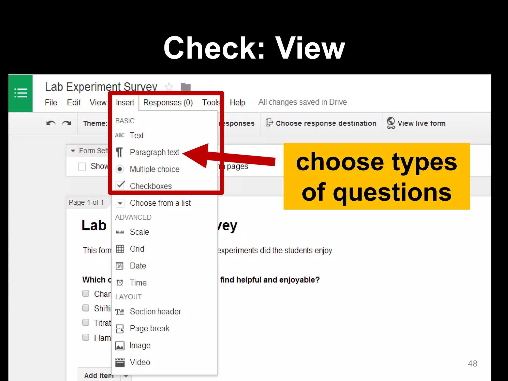 choose types of questions 
Check: View 
48  