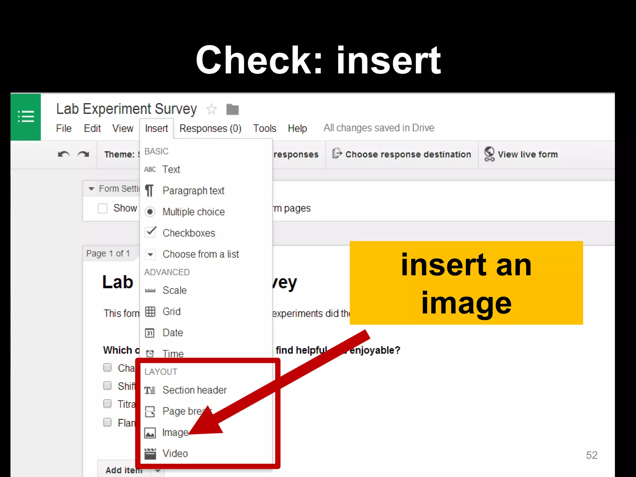 insert an image 
Check: insert 
52  