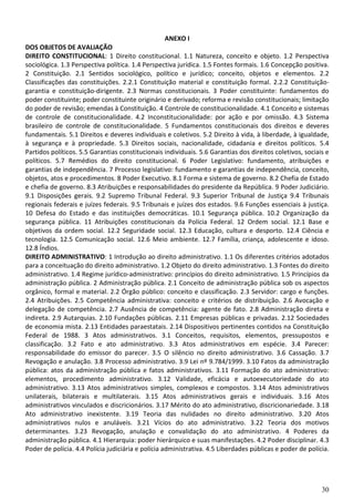 30
ANEXO I
DOS OBJETOS DE AVALIAÇÃO
DIREITO CONSTITUCIONAL: 1 Direito constitucional. 1.1 Natureza, conceito e objeto. 1.2 Perspectiva
sociológica. 1.3 Perspectiva política. 1.4 Perspectiva jurídica. 1.5 Fontes formais. 1.6 Concepção positiva.
2 Constituição. 2.1 Sentidos sociológico, político e jurídico; conceito, objetos e elementos. 2.2
Classificações das constituições. 2.2.1 Constituição material e constituição formal. 2.2.2 Constituição-
garantia e constituição-dirigente. 2.3 Normas constitucionais. 3 Poder constituinte: fundamentos do
poder constituinte; poder constituinte originário e derivado; reforma e revisão constitucionais; limitação
do poder de revisão; emendas à Constituição. 4 Controle de constitucionalidade. 4.1 Conceito e sistemas
de controle de constitucionalidade. 4.2 Inconstitucionalidade: por ação e por omissão. 4.3 Sistema
brasileiro de controle de constitucionalidade. 5 Fundamentos constitucionais dos direitos e deveres
fundamentais. 5.1 Direitos e deveres individuais e coletivos. 5.2 Direito à vida, à liberdade, à igualdade,
à segurança e à propriedade. 5.3 Direitos sociais, nacionalidade, cidadania e direitos políticos. 5.4
Partidos políticos. 5.5 Garantias constitucionais individuais. 5.6 Garantias dos direitos coletivos, sociais e
políticos. 5.7 Remédios do direito constitucional. 6 Poder Legislativo: fundamento, atribuições e
garantias de independência. 7 Processo legislativo: fundamento e garantias de independência, conceito,
objetos, atos e procedimentos. 8 Poder Executivo. 8.1 Forma e sistema de governo. 8.2 Chefia de Estado
e chefia de governo. 8.3 Atribuições e responsabilidades do presidente da República. 9 Poder Judiciário.
9.1 Disposições gerais. 9.2 Supremo Tribunal Federal. 9.3 Superior Tribunal de Justiça 9.4 Tribunais
regionais federais e juízes federais. 9.5 Tribunais e juízes dos estados. 9.6 Funções essenciais à justiça.
10 Defesa do Estado e das instituições democráticas. 10.1 Segurança pública. 10.2 Organização da
segurança pública. 11 Atribuições constitucionais da Polícia Federal. 12 Ordem social. 12.1 Base e
objetivos da ordem social. 12.2 Seguridade social. 12.3 Educação, cultura e desporto. 12.4 Ciência e
tecnologia. 12.5 Comunicação social. 12.6 Meio ambiente. 12.7 Família, criança, adolescente e idoso.
12.8 Índios.
DIREITO ADMINISTRATIVO: 1 Introdução ao direito administrativo. 1.1 Os diferentes critérios adotados
para a conceituação do direito administrativo. 1.2 Objeto do direito administrativo. 1.3 Fontes do direito
administrativo. 1.4 Regime jurídico-administrativo: princípios do direito administrativo. 1.5 Princípios da
administração pública. 2 Administração pública. 2.1 Conceito de administração pública sob os aspectos
orgânico, formal e material. 2.2 Órgão público: conceito e classificação. 2.3 Servidor: cargo e funções.
2.4 Atribuições. 2.5 Competência administrativa: conceito e critérios de distribuição. 2.6 Avocação e
delegação de competência. 2.7 Ausência de competência: agente de fato. 2.8 Administração direta e
indireta. 2.9 Autarquias. 2.10 Fundações públicas. 2.11 Empresas públicas e privadas. 2.12 Sociedades
de economia mista. 2.13 Entidades paraestatais. 2.14 Dispositivos pertinentes contidos na Constituição
Federal de 1988. 3 Atos administrativos. 3.1 Conceitos, requisitos, elementos, pressupostos e
classificação. 3.2 Fato e ato administrativo. 3.3 Atos administrativos em espécie. 3.4 Parecer:
responsabilidade do emissor do parecer. 3.5 O silêncio no direito administrativo. 3.6 Cassação. 3.7
Revogação e anulação. 3.8 Processo administrativo. 3.9 Lei nº 9.784/1999. 3.10 Fatos da administração
pública: atos da administração pública e fatos administrativos. 3.11 Formação do ato administrativo:
elementos, procedimento administrativo. 3.12 Validade, eficácia e autoexecutoriedade do ato
administrativo. 3.13 Atos administrativos simples, complexos e compostos. 3.14 Atos administrativos
unilaterais, bilaterais e multilaterais. 3.15 Atos administrativos gerais e individuais. 3.16 Atos
administrativos vinculados e discricionários. 3.17 Mérito do ato administrativo, discricionariedade. 3.18
Ato administrativo inexistente. 3.19 Teoria das nulidades no direito administrativo. 3.20 Atos
administrativos nulos e anuláveis. 3.21 Vícios do ato administrativo. 3.22 Teoria dos motivos
determinantes. 3.23 Revogação, anulação e convalidação do ato administrativo. 4 Poderes da
administração pública. 4.1 Hierarquia: poder hierárquico e suas manifestações. 4.2 Poder disciplinar. 4.3
Poder de polícia. 4.4 Polícia judiciária e polícia administrativa. 4.5 Liberdades públicas e poder de polícia.
 
