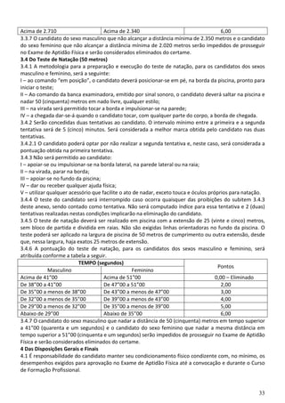 33
Acima de 2.710 Acima de 2.340 6,00
3.3.7 O candidato do sexo masculino que não alcançar a distância mínima de 2.350 metros e o candidato
do sexo feminino que não alcançar a distância mínima de 2.020 metros serão impedidos de prosseguir
no Exame de Aptidão Física e serão considerados eliminados do certame.
3.4 Do Teste de Natação (50 metros)
3.4.1 A metodologia para a preparação e execução do teste de natação, para os candidatos dos sexos
masculino e feminino, será a seguinte:
I – ao comando “em posição”, o candidato deverá posicionar-se em pé, na borda da piscina, pronto para
iniciar o teste;
II – Ao comando da banca examinadora, emitido por sinal sonoro, o candidato deverá saltar na piscina e
nadar 50 (cinquenta) metros em nado livre, qualquer estilo;
III – na virada será permitido tocar a borda e impulsionar-se na parede;
IV – a chegada dar-se-á quando o candidato tocar, com qualquer parte do corpo, a borda de chegada.
3.4.2 Serão concedidas duas tentativas ao candidato. O intervalo mínimo entre a primeira e a segunda
tentativa será de 5 (cinco) minutos. Será considerada a melhor marca obtida pelo candidato nas duas
tentativas.
3.4.2.1 O candidato poderá optar por não realizar a segunda tentativa e, neste caso, será considerada a
pontuação obtida na primeira tentativa.
3.4.3 Não será permitido ao candidato:
I – apoiar-se ou impulsionar-se na borda lateral, na parede lateral ou na raia;
II – na virada, parar na borda;
III – apoiar-se no fundo da piscina;
IV – dar ou receber qualquer ajuda física;
V – utilizar qualquer acessório que facilite o ato de nadar, exceto touca e óculos próprios para natação.
3.4.4 O teste do candidato será interrompido caso ocorra quaisquer das proibições do subitem 3.4.3
deste anexo, sendo contado como tentativa. Não será computado índice para essa tentativa e 2 (duas)
tentativas realizadas nestas condições implicarão na eliminação do candidato.
3.4.5 O teste de natação deverá ser realizado em piscina com a extensão de 25 (vinte e cinco) metros,
sem bloco de partida e dividida em raias. Não são exigidas linhas orientadoras no fundo da piscina. O
teste poderá ser aplicado na largura de piscina de 50 metros de cumprimento ou outra extensão, desde
que, nessa largura, haja exatos 25 metros de extensão.
3.4.6 A pontuação do teste de natação, para os candidatos dos sexos masculino e feminino, será
atribuída conforme a tabela a seguir.
TEMPO (segundos)
Pontos
Masculino Feminino
Acima de 41”00 Acima de 51”00 0,00 – Eliminado
De 38”00 a 41”00 De 47”00 a 51”00 2,00
De 35”00 a menos de 38”00 De 43”00 a menos de 47”00 3,00
De 32”00 a menos de 35”00 De 39”00 a menos de 43”00 4,00
De 29”00 a menos de 32”00 De 35”00 a menos de 39”00 5,00
Abaixo de 29”00 Abaixo de 35”00 6,00
3.4.7 O candidato do sexo masculino que nadar a distância de 50 (cinquenta) metros em tempo superior
a 41”00 (quarenta e um segundos) e o candidato do sexo feminino que nadar a mesma distância em
tempo superior a 51”00 (cinquenta e um segundos) serão impedidos de prosseguir no Exame de Aptidão
Física e serão considerados eliminados do certame.
4 Das Disposições Gerais e Finais
4.1 É responsabilidade do candidato manter seu condicionamento físico condizente com, no mínimo, os
desempenhos exigidos para aprovação no Exame de Aptidão Física até a convocação e durante o Curso
de Formação Profissional.
 