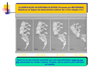 0 – 25% 26 – 50% 51 – 75% 76 – 100%
CLASSIFICAÇÃO DA ESPONDILOLISTESE (Proposta por MEYERDING)
Baseia-se no degrau de deslocamento anterior de L-5 em relação a S-1.
Observou-se que somente pacientes com uma espondilolistese maior do que
25% apresentam dor lombar contínua. Portanto, não há motivos para restrições
ao trabalho.
 