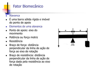 Fator Biomecânico
 Alavanca
 É uma barra sólida rígida e imóvel
do ponto de apoio
 Elementos de uma alavanca
 Ponto de apoio: eixo do
movimento
 Potência ou força motriz
 Resistência
 Braço de força: distância
perpendicular da linha de ação de
força ao eixo de rotação
 Braço de resistência: distância
perpendicular da linha de ação de
força dada pela resistência ao eixo
de rotação
 