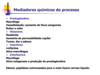 Mediadores químicos do processo
 Prostaglandina
Macrófago
Vasodilatação: aumento do fluxo sanguíneo
Rubor e calor
 Histamina
Mastócito
Aumento da permeabilidade capilar
Tumor, dor e edema
 Interferon
Linfócitos
Ativa macrófagos
 Interleucina
Macrófago
Ativa colagenase e produção de prostaglandina
Edema: peptídeos extravasados para o meio fazem carrear líquido.
 