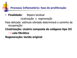 Processo Inflamatório: fase de proliferação
 Finalidade: Reparo tecidual
cicatrização x regeneração
Fase delicada: estímulo ofertado determinará o caminho da
recuperação:
Cicatrização: cicatriz composta de colágeno tipo III
→ calo fibrótico
Regeneração: tecido original
 