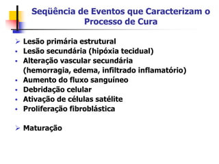 Seqüência de Eventos que Caracterizam o
Processo de Cura
 Lesão primária estrutural
 Lesão secundária (hipóxia tecidual)
 Alteração vascular secundária
(hemorragia, edema, infiltrado inflamatório)
 Aumento do fluxo sanguíneo
 Debridação celular
 Ativação de células satélite
 Proliferação fibroblástica
 Maturação
 