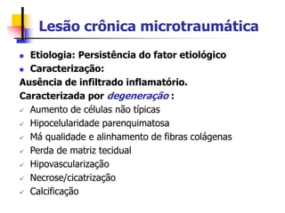 Lesão crônica microtraumática
 Etiologia: Persistência do fator etiológico
 Caracterização:
Ausência de infiltrado inflamatório.
Caracterizada por degeneração :
 Aumento de células não típicas
 Hipocelularidade parenquimatosa
 Má qualidade e alinhamento de fibras colágenas
 Perda de matriz tecidual
 Hipovascularização
 Necrose/cicatrização
 Calcificação
 
