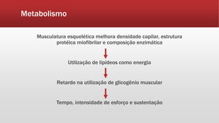 Metabolismo 
Musculatura esquelética melhora densidade capilar, estrutura 
protéica miofibrilar e composição enzimática 
Utilização de lipídeos como energia 
Retardo na utilização de glicogênio muscular 
Tempo, intensidade de esforço e sustentação 
 