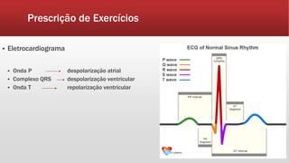 Prescrição de Exercícios 
 Eletrocardiograma 
 Onda P despolarização atrial 
 Complexo QRS despolarização ventricular 
 Onda T repolarização ventricular 
 