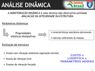 21
A MONITORAÇÃO DINÂMICA é uma técnica não-destrutiva utilizada
AVALIAÇÃO DA INTEGRIDADE DA ESTRUTURA
Parâmetros dinâmicos
Propriedades
elásticas-dissipativas
 características mecânico-estruturais
 inércias referentes às massas
Excitação da estrutura
 Ensaio com vibração ambiente (operação normal)
 Ensaio de vibração livre
 Ensaios de vibração forçada
 