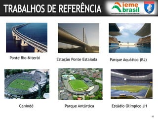 45
45
Ponte Rio-Niterói Estação Ponte Estaiada
Canindé Parque Antártica Estádio Olímpico JH
Parque Aquático (RJ)
 