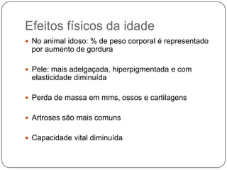 Efeitos físicos da idade
 No animal idoso: % de peso corporal é representado
 por aumento de gordura

 Pele: mais adelgaçada, hiperpigmentada e com
 elasticidade diminuída

 Perda de massa em mms, ossos e cartilagens


 Artroses são mais comuns


 Capacidade vital diminuída
 