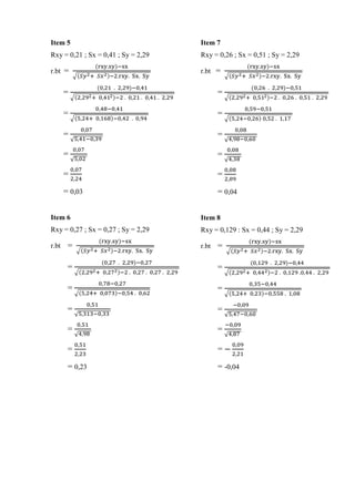 Item 5
Rxy = 0,21 ; Sx = 0,41 ; Sy = 2,29
r.bt =
(rxy.sy)−sx
√(𝑆𝑦2+ 𝑆𝑥2)−2.rxy. Sx. Sy
=
(0,21 . 2,29)−0,41
√(2,292+ 0,412...