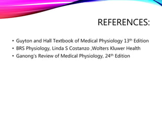 REFERENCES:
• Guyton and Hall Textbook of Medical Physiology 13th Edition
• BRS Physiology, Linda S Costanzo ,Wolters Kluwer Health
• Ganong’s Review of Medical Physiology, 24th Edition
 