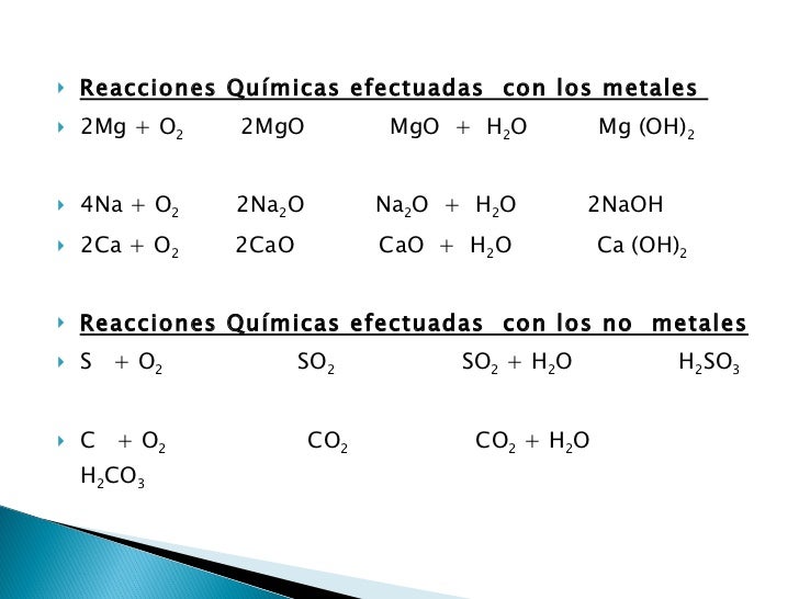 Reacción del oxígeno con metales y no metales