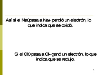 Así si el Na0pasa a Na+ perdió un electrón, lo que indica que se oxidó. Si el Cl0 pasa a Cl- ganó un electrón, lo que indica que se redujo. 