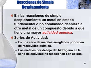 30
Reacciones de Simple
Desplazamiento
En las reacciones de simple
desplazamiento un metal en estado
fundamental o no combinado desplaza a
otro metal de un compuesto debido a que
tiene una mayor actividad química.
Series de Actividad:
– Es una serie de metales arreglados por orden
de reactividad química.
– Los metales por debajo del hidrógeno en la
serie de actividad no reaccionan con ácidos.
 