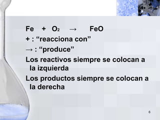 6
Fe + O2 → FeO
+ : “reacciona con”
→ : “produce”
Los reactivos siempre se colocan a
la izquierda
Los productos siempre se colocan a
la derecha
 