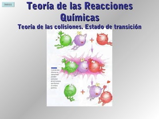 ÍNDICE
Teoría de las ReaccionesTeoría de las Reacciones
QuímicasQuímicas
Teoría de las colisiones. Estado de transiciónTeoría de las colisiones. Estado de transición
 