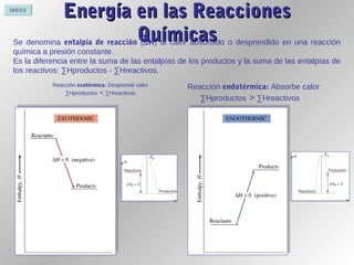 ÍNDICE
Energía en las ReaccionesEnergía en las Reacciones
QuímicasQuímicas
Reacción endotérmica: Absorbe calor
∑Hproductos > ∑Hreactivos
Reacción exotérmica: Desprende calor
∑Hproductos < ∑Hreactivos
Se denomina entalpía de reacción (∆H) al calor absorbido o desprendido en una reacción
química a presión constante.
Es la diferencia entre la suma de las entalpías de los productos y la suma de las entalpías de
los reactivos: ∑Hproductos - ∑Hreactivos.
 