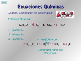 ÍNDICE
15
2
6 7C6H14O4 + O2 → CO2 + H2O6
2. Ajustar H.
2 C6H14O4 + 15 O2 → 12 CO2 + 14 H2O
4. Multiplicar por
dos
3. Ajustar O.
Comprobar todos los
elementos.
Ecuación Química:
1. Ajustar C.
6 7
Ejemplo: Combustión de trietilenglicol
Ecuaciones QuímicasEcuaciones Químicas
 