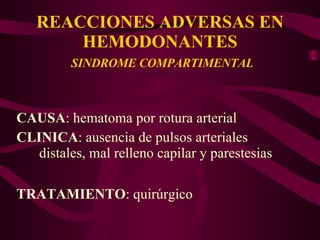 REACCIONES ADVERSAS EN HEMODONANTES   SINDROME COMPARTIMENTAL CAUSA : hematoma por rotura arterial CLINICA : ausencia de pulsos arteriales    distales, mal relleno capilar y parestesias TRATAMIENTO : quirúrgico 