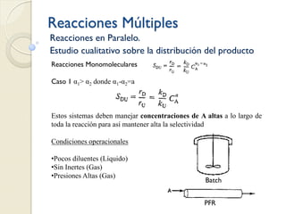 Reacciones Múltiples
Reacciones en Paralelo.
Estudio cualitativo sobre la distribución del producto
Reacciones Monomoleculares
Caso 1 α1> α2 donde α1-α2=a
Estos sistemas deben manejar concentraciones de A altas a lo largo de
toda la reacción para así mantener alta la selectividad
Condiciones operacionales
•Pocos diluentes (Líquido)
•Sin Inertes (Gas)
•Presiones Altas (Gas)
Batch
PFR
 