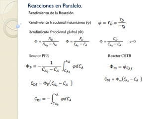 Reacciones en Paralelo.
Rendimiento de la Reacción
Rendimiento fraccional instantáneo (φ)
Rendimiento fraccional global (Φ)
ε=0
Reactor PFR Reactor CSTR
 