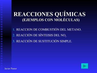 REACCIONES QUÍMICAS (EJEMPLOS CON MOLÉCULAS) ,[object Object],[object Object],[object Object],Javier Pastor 
