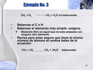 CH 4  + O 2   CO 2  + H 2 O no balanceada. Balancee el C e H. Balancee el elemento más simple: oxígeno. Elemento libre es aquel que no esta enlazado con ninguno otro elemento. Revise para estar seguro que tiene el mismo número de átomos en ambos lados de la ecuación: CH 4  +  2 O 2   CO 2  +  2 H 2 O  balanceada. Ejemplo No. 3 